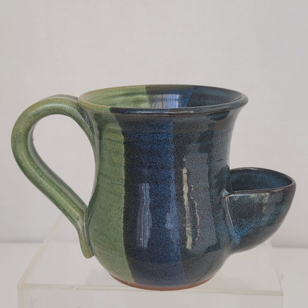 Mudworks Pottery Hand Crafted Tea Bag Coffee Cup Mug Blue and Green Handle 14oz
